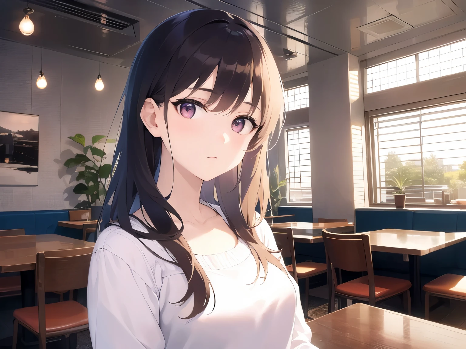 looking at viewer、Upper Body, Realistic, real person, RAW photo, photorealistic, portrait photography, shiny skin, japanese idol、(A 25-year-old woman with light chestnut-colored bangs) and (medium hair) and (pink eyes), (white ruffle plane blouse:1.2) and (long sleeve)、frown, The background is the interior of the restaurant.、Are standing、Alone、