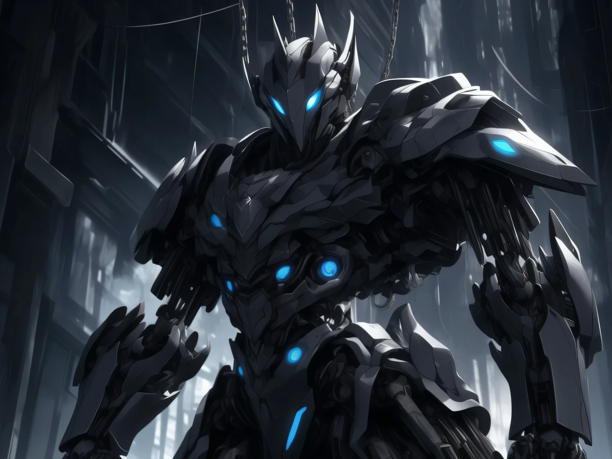 "A male humanoid with a body of black iron, Ghost wearing robotic armor and chains, has blue eyes.Black hunter coat, body covered in blue-grey flames. Crow、The robot&#39;s armor is sophisticated.、It is made up of complex mechanical parts. Artwork must be of the highest quality, super detailed, and realistic. . lighting must be dramatic, Cast dynamic shadows and highlights on your characters. The background must be the cyber world, No distractions, Draw attention to your characters. The figure needs to be in a strong, dynamic pose, 
