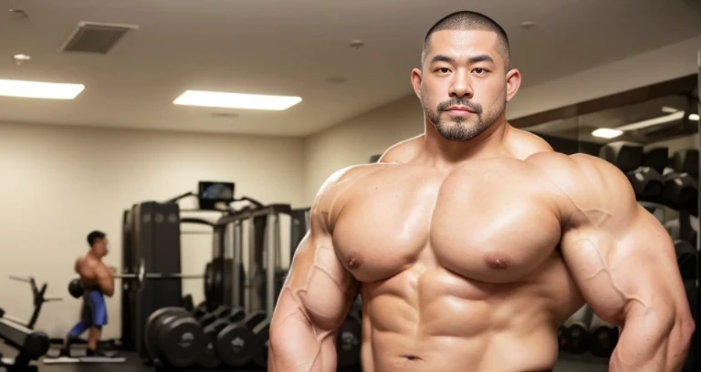 (naked bodybuilder:1.4), (at gym:1.4), 40's, (Japanese face:1.4), (Korean face:1.4), (Chinese face:1.4), (Taiwanese face:1.4), manly face, fat face, (round face:1.4), (monolid eyes:1.2), (buzz cut:1.5), very large and strong body, bulky body, beefy muscles, (bulging muscles:1.4), (very large pectoral muscles:1.4), (muscular arms:1.4), muscular abs, muscular legs, muscular back, bright oily skin, (realistic:1.2), distant view