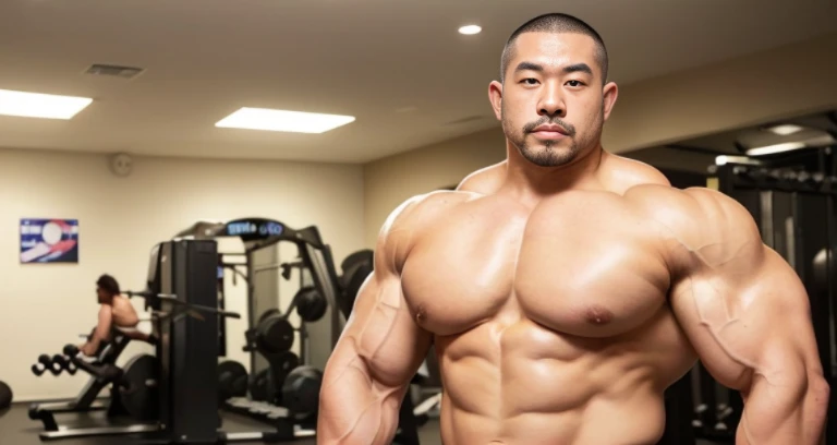 (naked bodybuilder:1.4), (at gym:1.4), 40's, (Japanese face:1.4), (Korean face:1.4), (Chinese face:1.4), (Taiwanese face:1.4), manly face, fat face, (round face:1.4), (monolid eyes:1.2), (buzz cut:1.5), very large and strong body, bulky body, beefy muscles, (bulging muscles:1.4), (very large pectoral muscles:1.4), (muscular arms:1.4), muscular abs, muscular legs, muscular back, bright oily skin, (realistic:1.2), distant view
