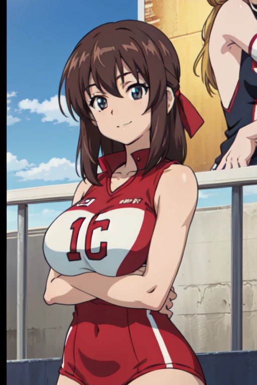 (anime cels style, best quality, high resolution, megami magazine, anime poster style, photorealistic), (beautiful eyes:1.2), girls und panzer, kondou_taeko, 1girl, smile, medium hair, brown hair, brown eyes, (hair ribbon, red ribbon), huge breast, (volleyball uniform, sleeveless), cowboy shot, (perfect detailed anatomy, beautiful face, perfect body, perfect arms, shiny skin), sunshine, bluesky