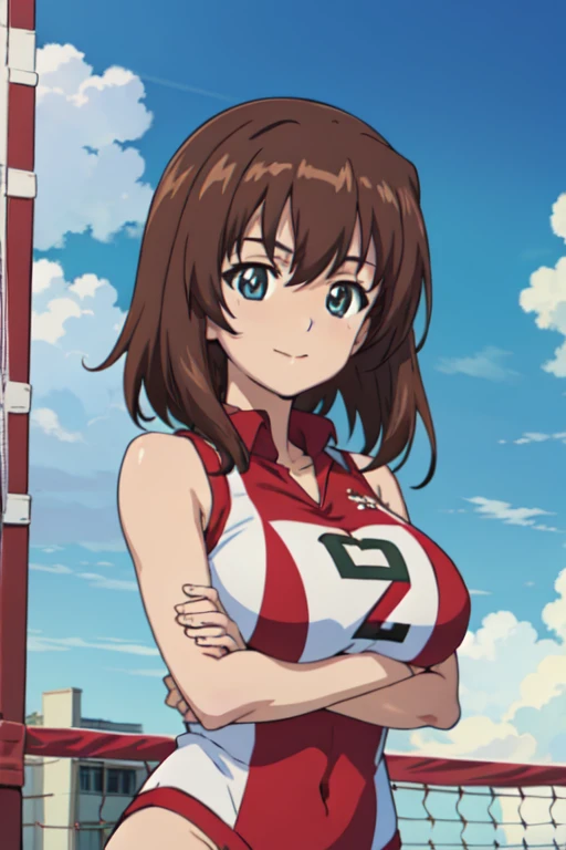 (anime cels style, best quality, high resolution, megami magazine, anime poster style, photorealistic), (beautiful eyes:1.2), girls und panzer, kondou_taeko, 1girl, smile, medium hair, brown hair, brown eyes, (hair ribbon, red ribbon), huge breast, (volleyball uniform, sleeveless), cowboy shot, (perfect detailed anatomy, beautiful face, perfect body, perfect arms, shiny skin), sunshine, bluesky