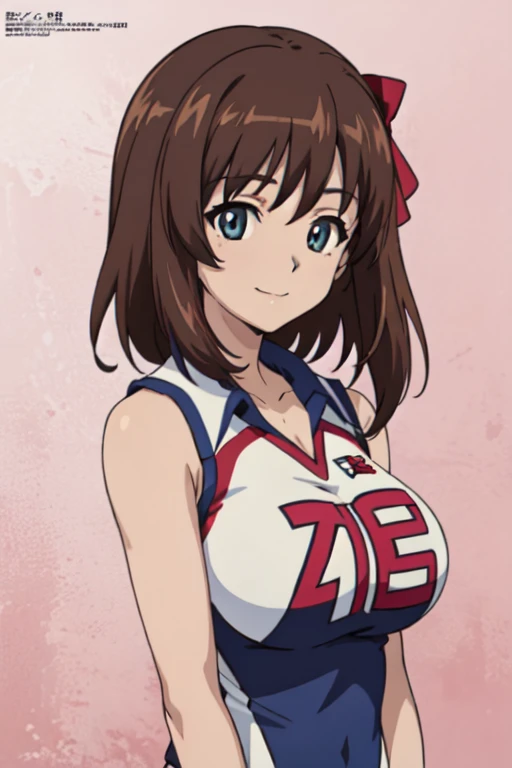 (anime cels style, best quality, high resolution, megami magazine, anime poster style, photorealistic), (beautiful eyes:1.2), girls und panzer, kondou_taeko, 1girl, smile, medium hair, brown hair, brown eyes, (hair ribbon, red ribbon), huge breast, (volleyball uniform, sleeveless), cowboy shot, (perfect detailed anatomy, beautiful face, perfect body, perfect arms, shiny skin), sunshine, bluesky