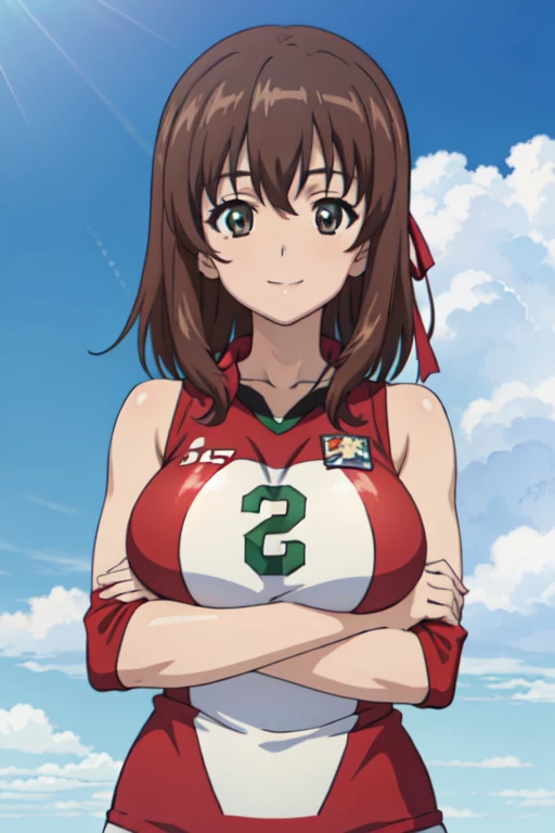 (anime cels style, best quality, high resolution, megami magazine, anime poster style, photorealistic), (beautiful eyes:1.2), girls und panzer, kondou_taeko, 1girl, smile, medium hair, brown hair, brown eyes, (hair ribbon, red ribbon), huge breast, (volleyball uniform, sleeveless), cowboy shot, (perfect detailed anatomy, beautiful face, perfect body, perfect arms, shiny skin), sunshine, bluesky