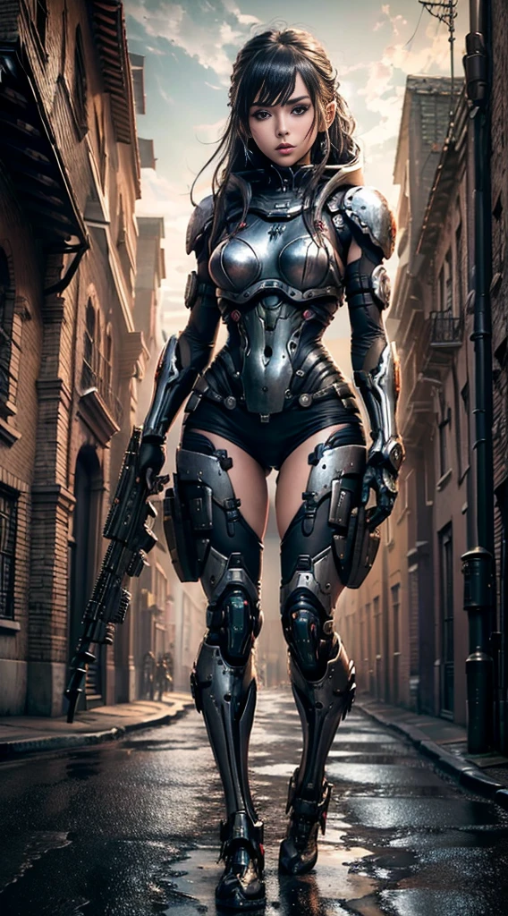 (8k,fotorrealista　Raw photography　calidad superior;1.4) 1 chica elfo Cabello Blanco Soldado estilo pistola en el fondo, Chica en Mech Blanco, Cyberpunk anime chica mecha, Wearing sci-fi military armor, Hermosa chica negro cyborg, Cyborg - Chica de plata, Mech negro de Fira, Eco de Overwatch, Perfecto anime cyborg mujer, Pupilas azules, Cinco dedos, CGhSociety inspirado campo de batalla, alien depredador planet, depredador battle,,