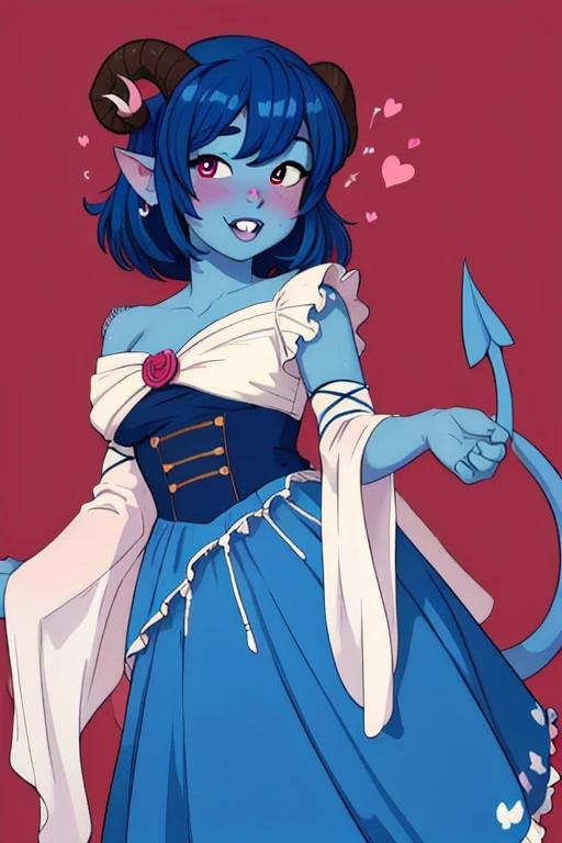 masterpiece, best quality, (jesterlavorre), demon tail, blue skin, dark blue hair, horns, hearts, heart-shaped pupils,
red background, notice lines,
