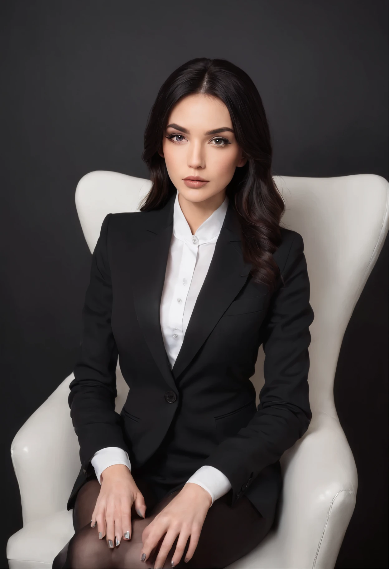 Professional photo, young beautiful woman of prayer appearance 30 years old with thick long black hair, in a business black jacket and white shirt, black pants, on his feet are black shoes with heels,, sitting on a comfortable leather chair with his legs crossed, looks straight into the camera about to give an interview, professional front light, behind there is a dark space and contour light, located in an elite beauty salon, going to give an interview