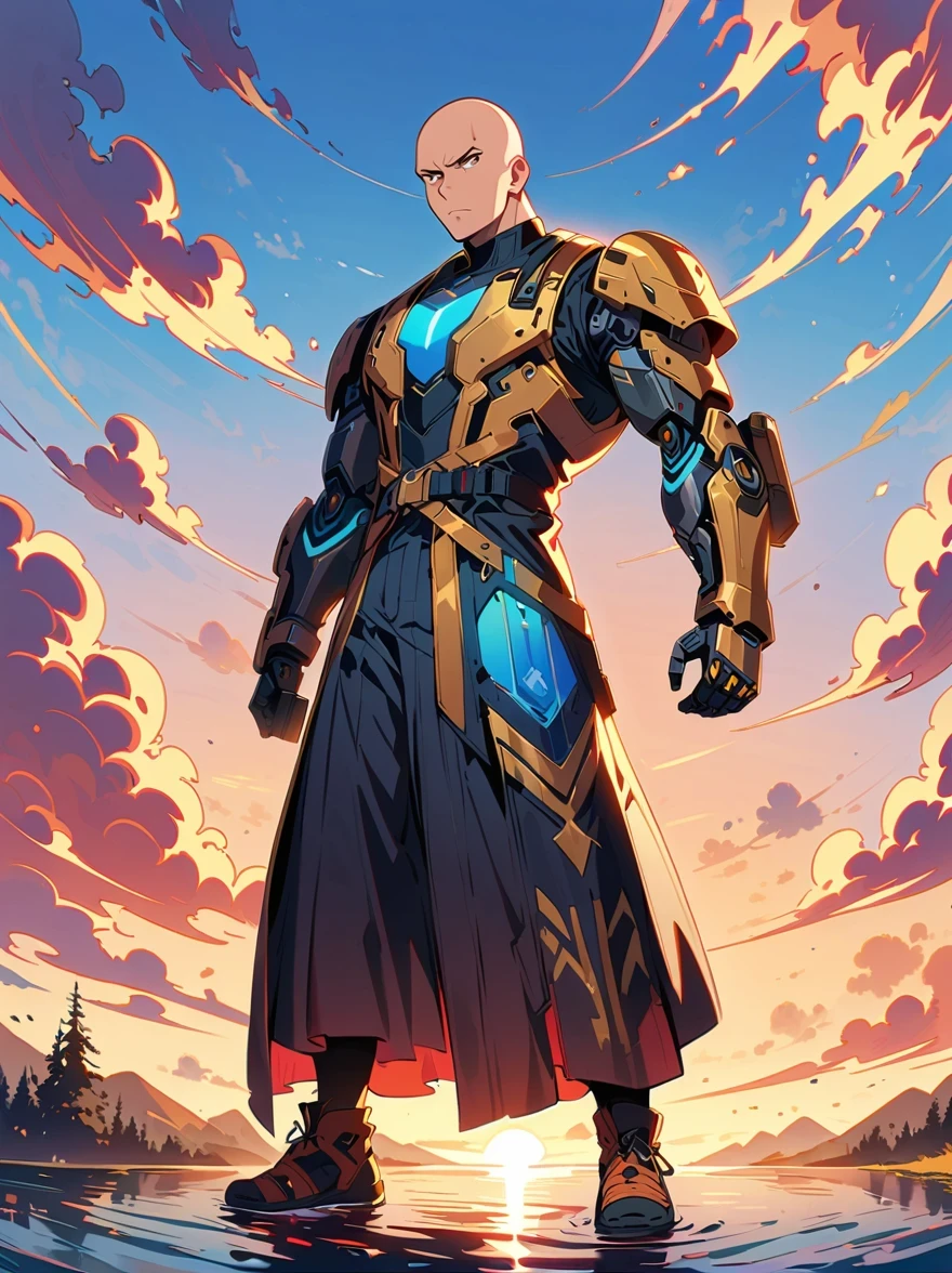 ((imagine)),((whole body)),(bald:1.5),((Aang)),《avatar the last airbender anime》, ((permanent_)),Dress luxuriously, complex, Luxurious and noble clothing,Robot arms and legs,Standing by the lake,straw sandals ,Gun in one hand,aim at you,anatomically correct, precise,in the style of futuristic,cyberpunk,high detail