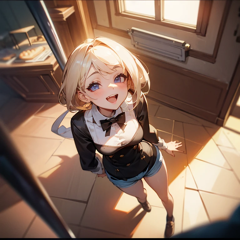 insanely detailed, looking up at the camera, happy, beautiful girl, perfect small face, big breasts, slender, short pants, bakery, 16K