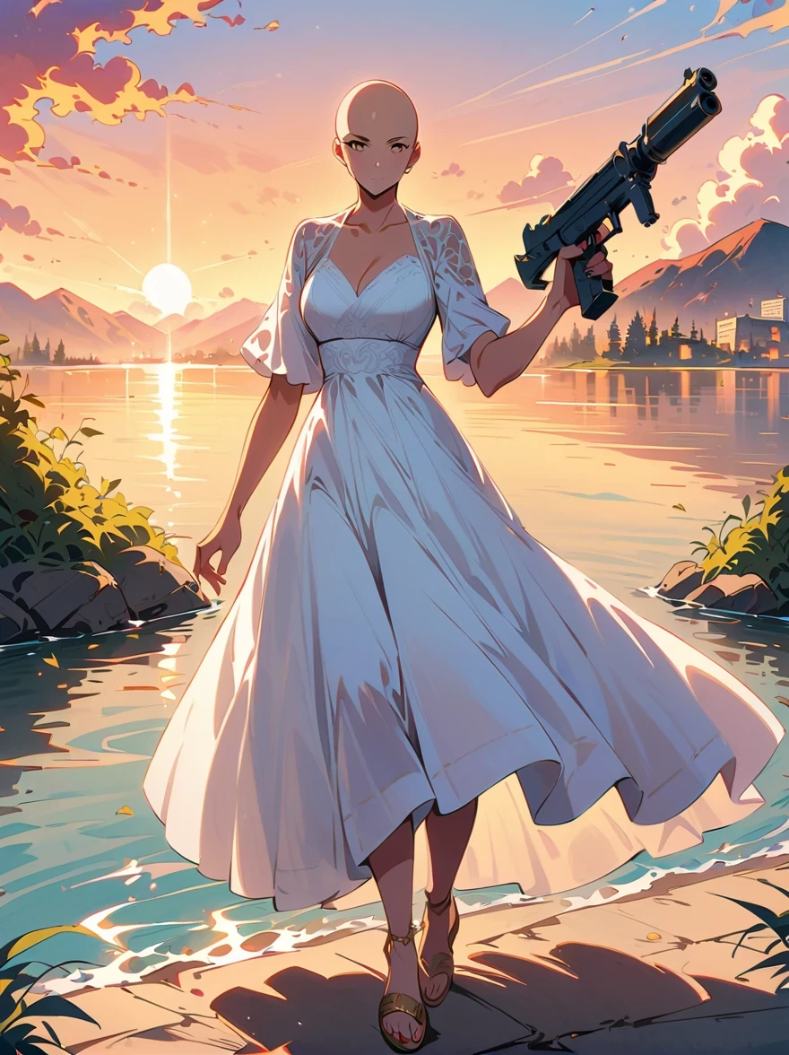 ((imagine)),((whole body)),(bald:1.5),((Aang)),《avatar the last airbender anime》, ((permanent_)),Dress luxuriously, complex, Luxurious and noble clothing,Robot arms and legs,Standing by the lake,straw sandals ,Gun in one hand,aim at you,anatomically correct, precise,in the style of futuristic,cyberpunk,high detail
