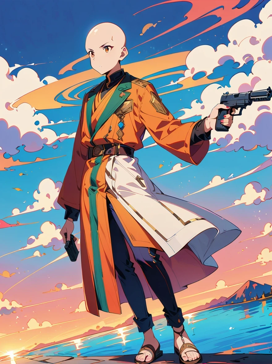 ((imagine))，((whole body))，(bald:1.5)，((Aang))，《avatar the last airbender anime》, ((permanent_))，Dress luxuriously, complex, Luxurious and noble clothing，Robot arms and legs，Standing by the lake，straw sandals ，Gun in one hand，aim at you，anatomically correct, precise，in the style of futuristic，cyberpunk，high detail