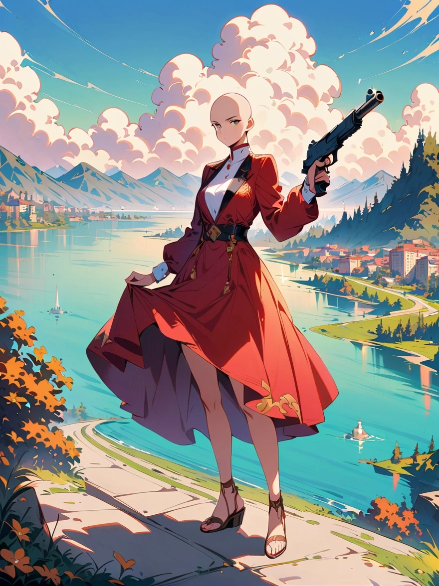 ((imagine))，((whole body))，(bald:1.5)，((Aang))，《avatar the last airbender anime》, ((permanent_))，Dress luxuriously, complex, Luxurious and noble clothing，Robot arms and legs，Standing by the lake，straw sandals ，Gun in one hand，aim at you，anatomically correct, precise，in the style of futuristic，cyberpunk，high detail