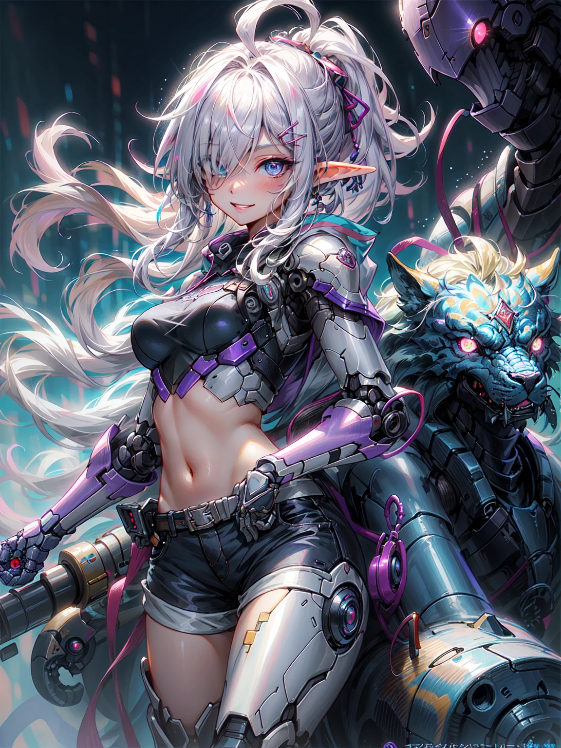 (elf girl)，（masterpiece，highest quality），crop top look，pastel hoodie，(gingham check shorts)，gray haired，blue eyes, medium breasts, toy world, by Art Germ, by Mikimoto Haruhiko, Yoshitaka Amano, hayao Miyazaki.organic armored cyborg、machine armor、Blake、（dark elf), (1 girl), alone, perfect face, get used to it, Ahoge, ((long hair:1.2)), (hair above one eye:1.3), [[messy hair]], Shiny blonde white hair, purple eyes, multicolored eyes, colorful hair, shining eyes, (eyelash, eye shadow, pink eye shadow), bright, smile, design art by Mikimoto Haruhiko, by Kawashi, By Yoshitaka Amano