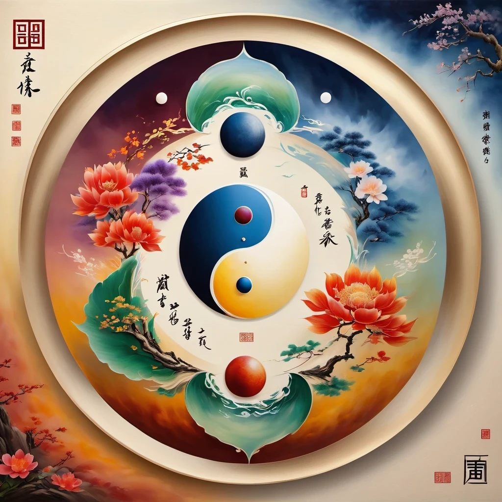 Acrylic painting style,Chinese Taoist Elements,Tai Chi,Tai Chi Yin Yang Bagua Diagram,magic circle,best quality,4K,8K,high resolution,masterpiece:1.2,Super detailed,actual,acrylic style,Tai Chi, yin yang, Gossip,3D rendering,Female Taoist practicing yoga,Light and shadow photography,