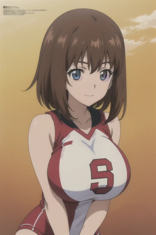 (anime cels style, best quality, high resolution, megami magazine, anime poster style, photorealistic), (beautiful eyes:1.2), kondou_taeko, 1girl, smile, medium hair, brown hair, brown eyes, (hair ribbon, red ribbon), huge breast, (volleyball uniform, sleeveless), cowboy shot, (perfect detailed anatomy, beautiful face, perfect body, perfect arms, shiny skin), sunshine, bluesky