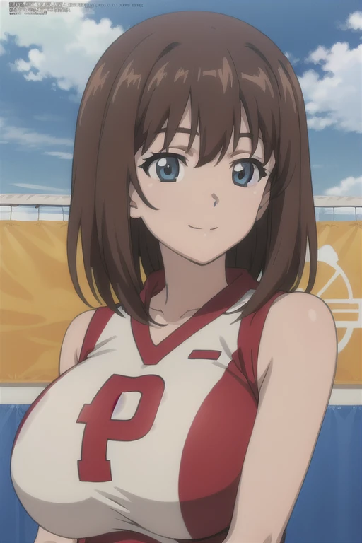 (anime cels style, best quality, high resolution, megami magazine, anime poster style, photorealistic), (beautiful eyes:1.2), kondou_taeko, 1girl, smile, medium hair, brown hair, brown eyes, (hair ribbon, red ribbon), huge breast, (volleyball uniform, sleeveless), cowboy shot, (perfect detailed anatomy, beautiful face, perfect body, perfect arms, shiny skin), sunshine, bluesky