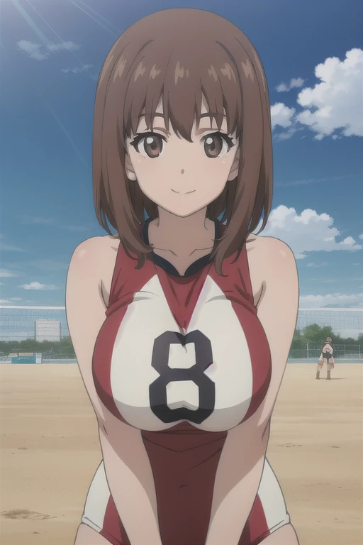 (anime cels style, best quality, high resolution, megami magazine, anime poster style, photorealistic), (beautiful eyes:1.2), kondou_taeko, 1girl, smile, medium hair, brown hair, brown eyes, (hair ribbon, red ribbon), huge breast, (volleyball uniform, sleeveless), cowboy shot, (perfect detailed anatomy, beautiful face, perfect body, perfect arms, shiny skin), sunshine, bluesky