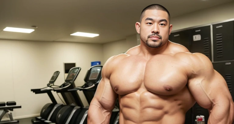 (naked bodybuilder:1.4), (at gym locker room:1.4), 40's, (Japanese face:1.4), (Korean face:1.4), (Chinese face:1.4), (Taiwanese face:1.4), manly face, fat face, (round face:1.4), (monolid eyes:1.2), (buzz cut:1.5), very large and strong body, bulky body, beefy muscles, (bulging muscles:1.4), (very large pectoral muscles:1.4), (muscular arms:1.4), muscular abs, muscular legs, muscular back, bright oily skin, (realistic:1.2), distant view