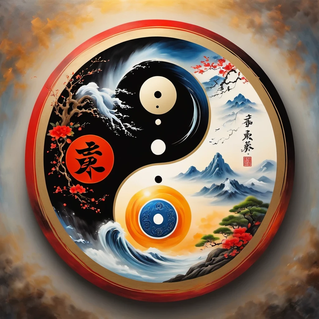Acrylic painting style,Chinese Taoist Elements,Tai Chi,Tai Chi Yin Yang Bagua Diagram,magic circle,best quality,4K,8K,high resolution,masterpiece:1.2,Super detailed,actual,acrylic style,Tai Chi, yin yang, Gossip,3D rendering,Female Taoist practicing yoga,Light and shadow photography,