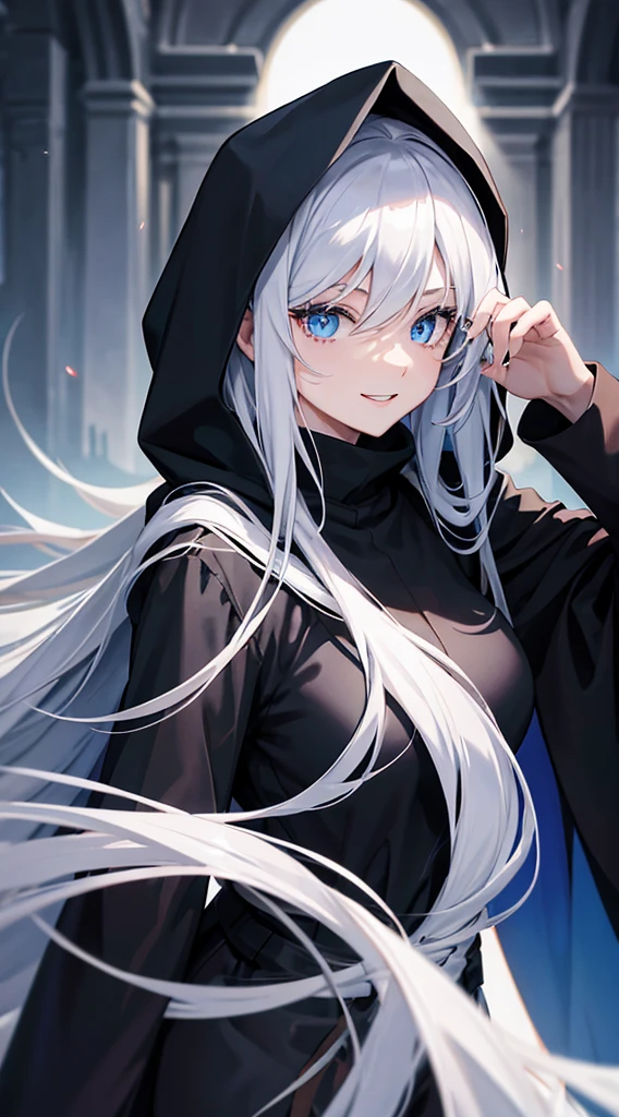 Cover magazine, anime. A young woman with long white hair and blue eyes. Wearing all black clothes. Wearing a long black robe and a hood covering her head. A mysterious impression. She was smiling brightly.