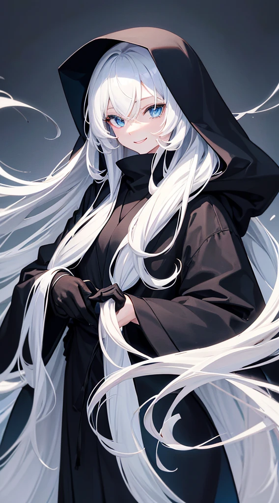 Cover magazine, anime. A young woman with long white hair and blue eyes. Wearing all black clothes. Wearing a long black robe and a hood covering her head. A mysterious impression. She was smiling brightly.