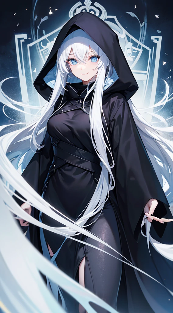 Cover magazine, anime. A young woman with long white hair and blue eyes. Wearing all black clothes. Wearing a long black robe and a hood covering her head. A mysterious impression. She was smiling brightly.