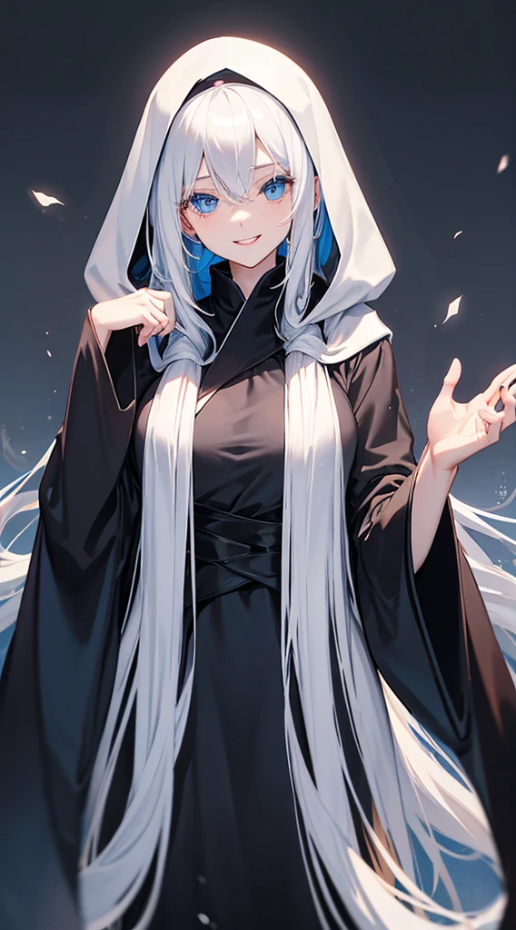 Cover magazine, anime. A young woman with long white hair and blue eyes. Wearing all black clothes. Wearing a long black robe and a hood covering her head. A mysterious impression. She was smiling brightly.