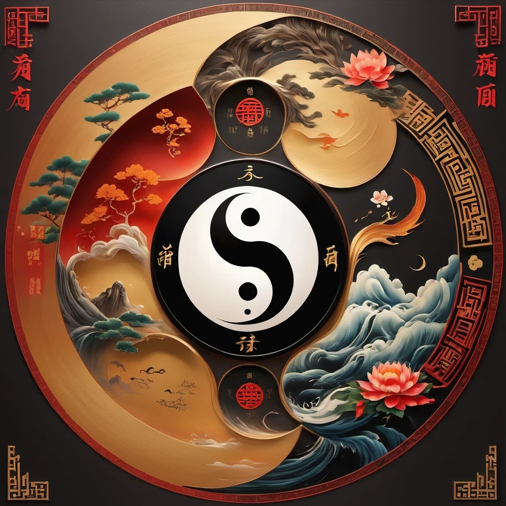 Acrylic painting style,Chinese Taoist Elements,Tai Chi,Tai Chi Yin Yang Bagua Diagram,magic circle,best quality,4K,8K,high resolution,masterpiece:1.2,Super detailed,actual,acrylic style,Tai Chi, yin yang, Gossip,3D rendering,Female Taoist practicing yoga,Light and shadow photography,