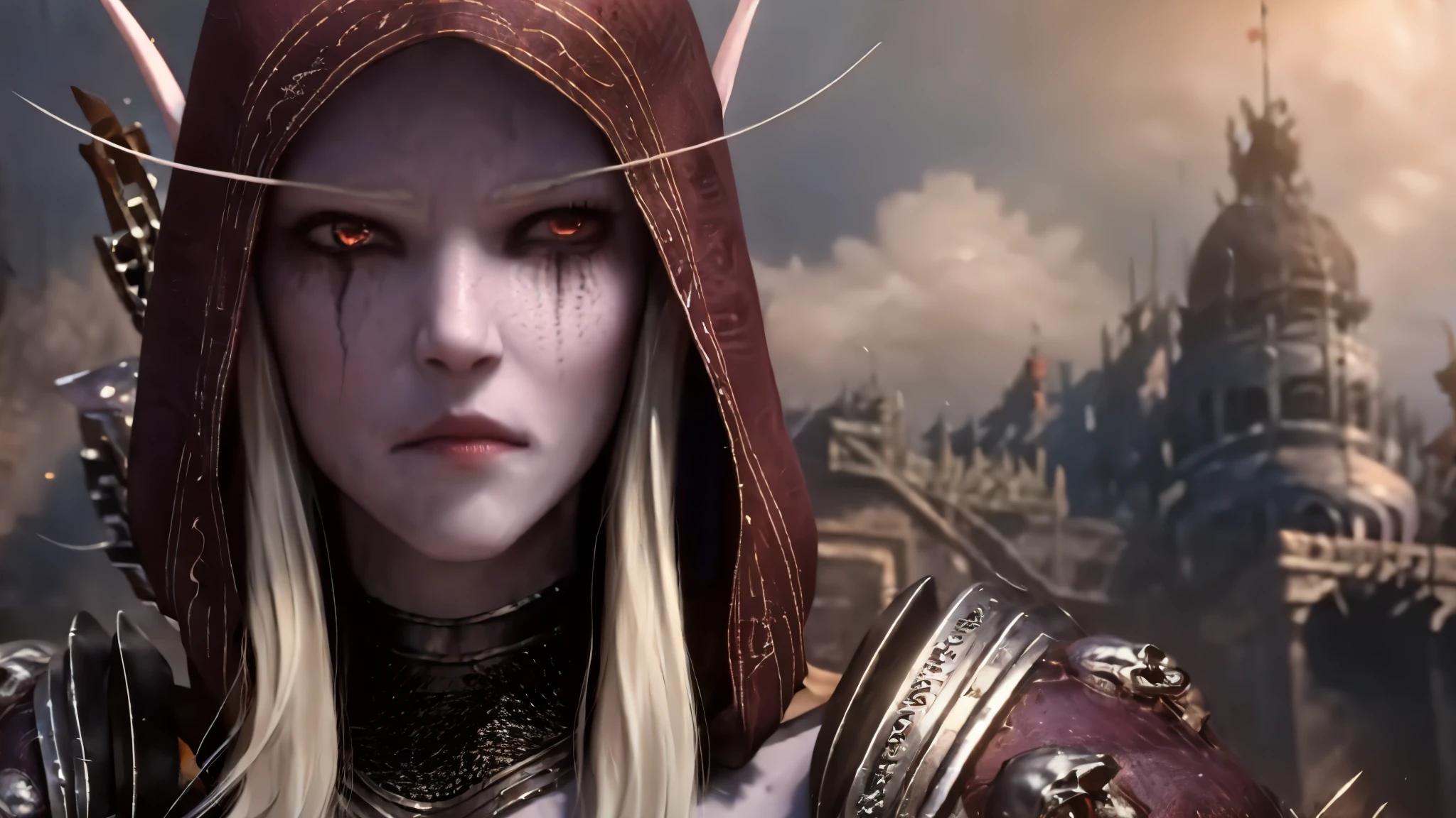 realistic, realism, photorealism, photo-realistic, high contrast, (photorealistic:1.4), 8k high definition detailed realistic, (best quality, masterpiece:1.2), NSFW,  photon mapping, radiosity, physically-based rendering, best quality, highly detailed,sylvanasw, elf, elf ear, red eyes, hood up, full body, looks at the viwer, 1 girl