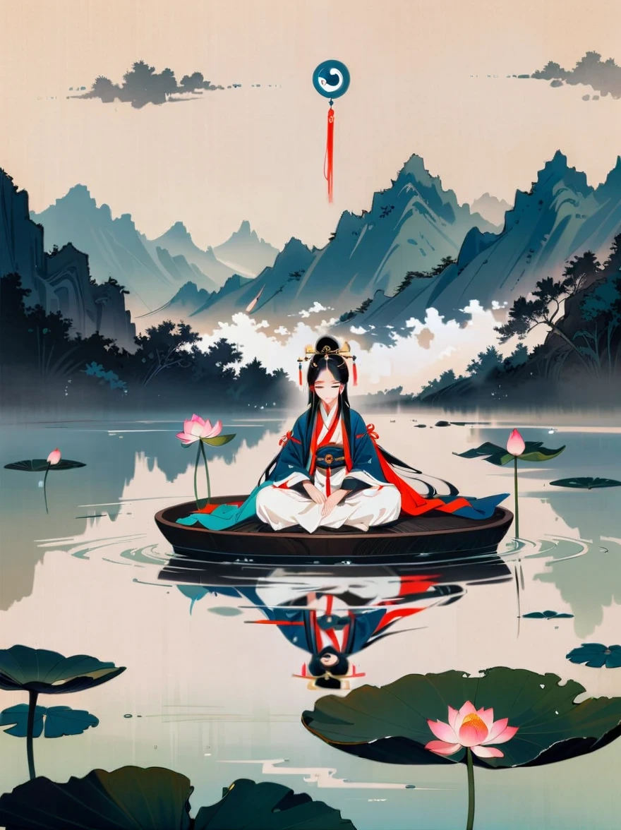 Taoist sage meditating in a tranquil lotus pond,Yin and Yang symbols,I Ching Hexagrams,foggy,lotus,peaceful atmosphere,Peaceful nature,(best quality,8K,High resolution,masterpiece),super detailed,concept art,intricate details,environmental lighting,Cinema Effect,bright colors