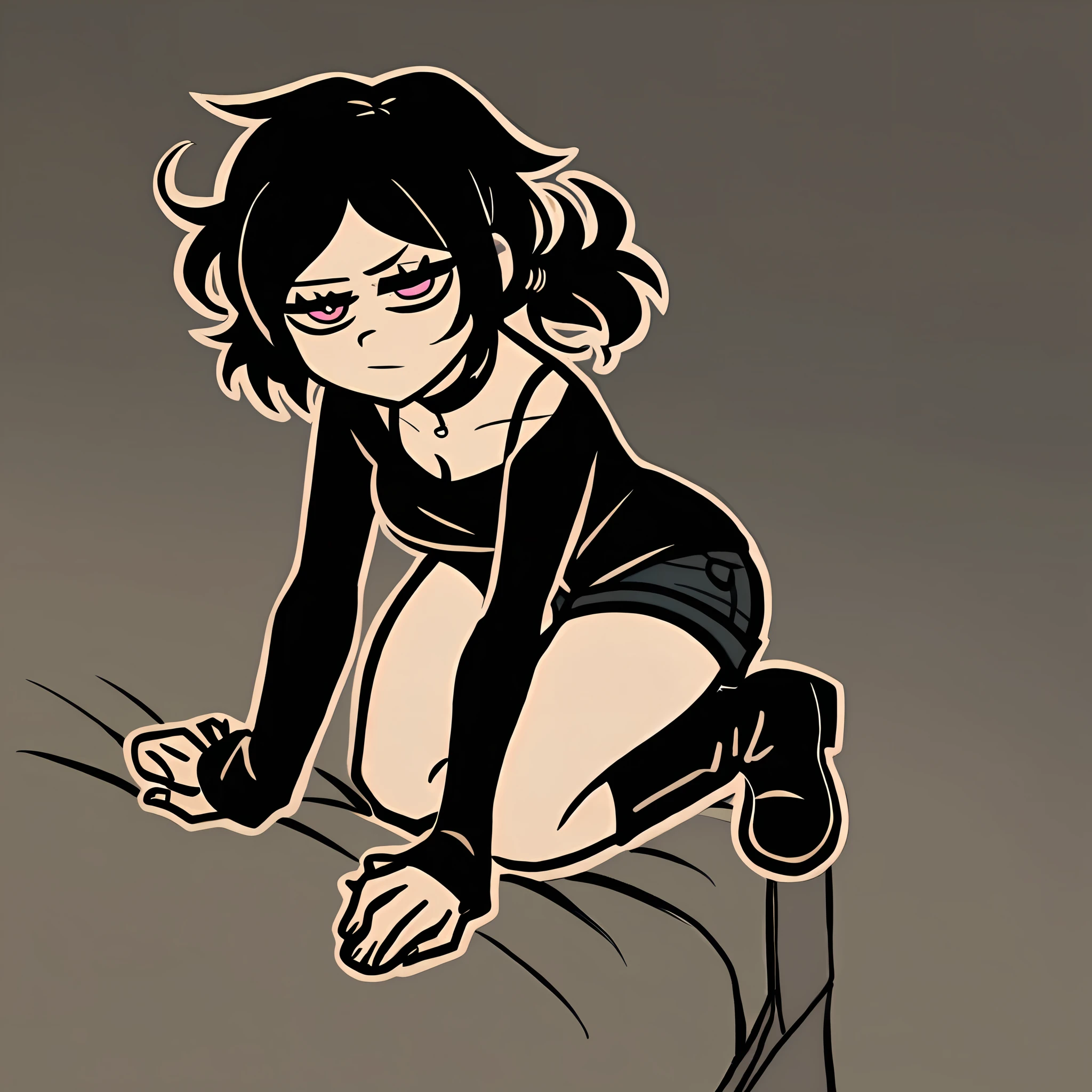 score_9,score_8,score_7,by nemlei,the coffin of andy and leyley,
1girl,ashley graves,black hair,pink eyes,ponytail,medium breasts,messy hair,
black shirt,bra strap,black choker,shorts,boots,long sleeves,black shorts,bare shoulders,collarbone,
expressionless,bored,
kneeling,from above,seiza,
looking at viewer,
simple background,gradient background,grey background,bedroom,bed,
