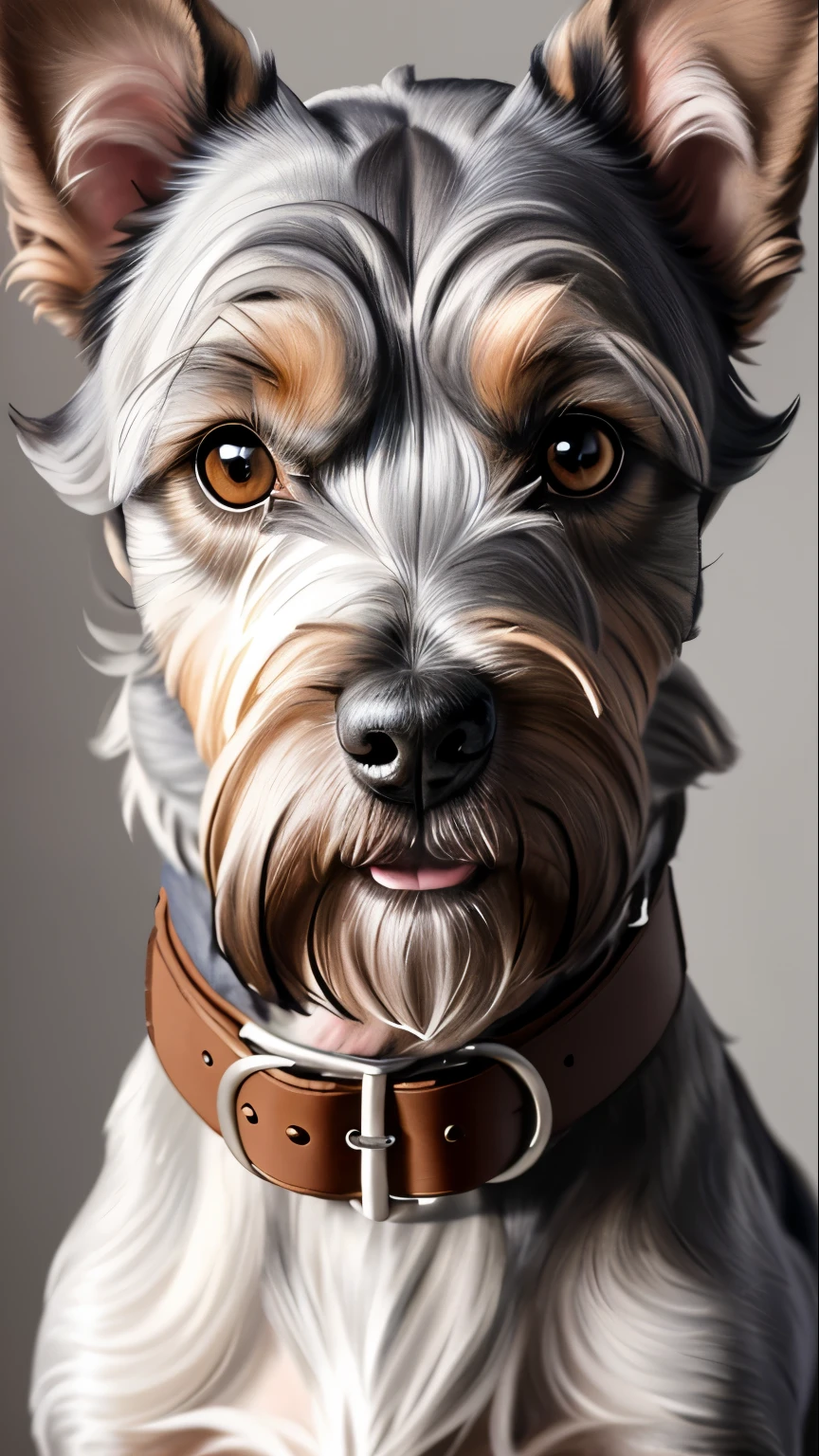 painting of a Brown Grey schnauzer dog with a collar and collar around it's neck, bearded, flappy ears, flat downturned ears, portrait of ultra realistic, ultra detailed portrait, detailed realistic painting, painting of cute dog, realistic detailed painting, a photorealistic painting, portrait of dog, ultra realistic illustration, portrait of a dog, extremely detailed portrait, highly detailed portrait, detailed realistic colors, incredibly detailed oil painting