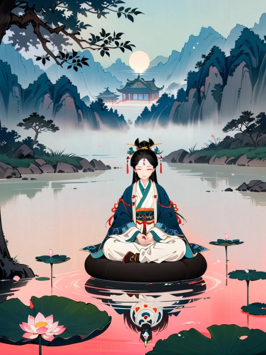 Taoist sage meditating in a tranquil lotus pond，Yin and Yang symbols，I Ching Hexagrams，foggy，lotus，peaceful atmosphere，Peaceful nature，（best quality，8K，High resolution，masterpiece），super detailed，concept art，intricate details，environmental lighting，Cinema Effect，bright colors