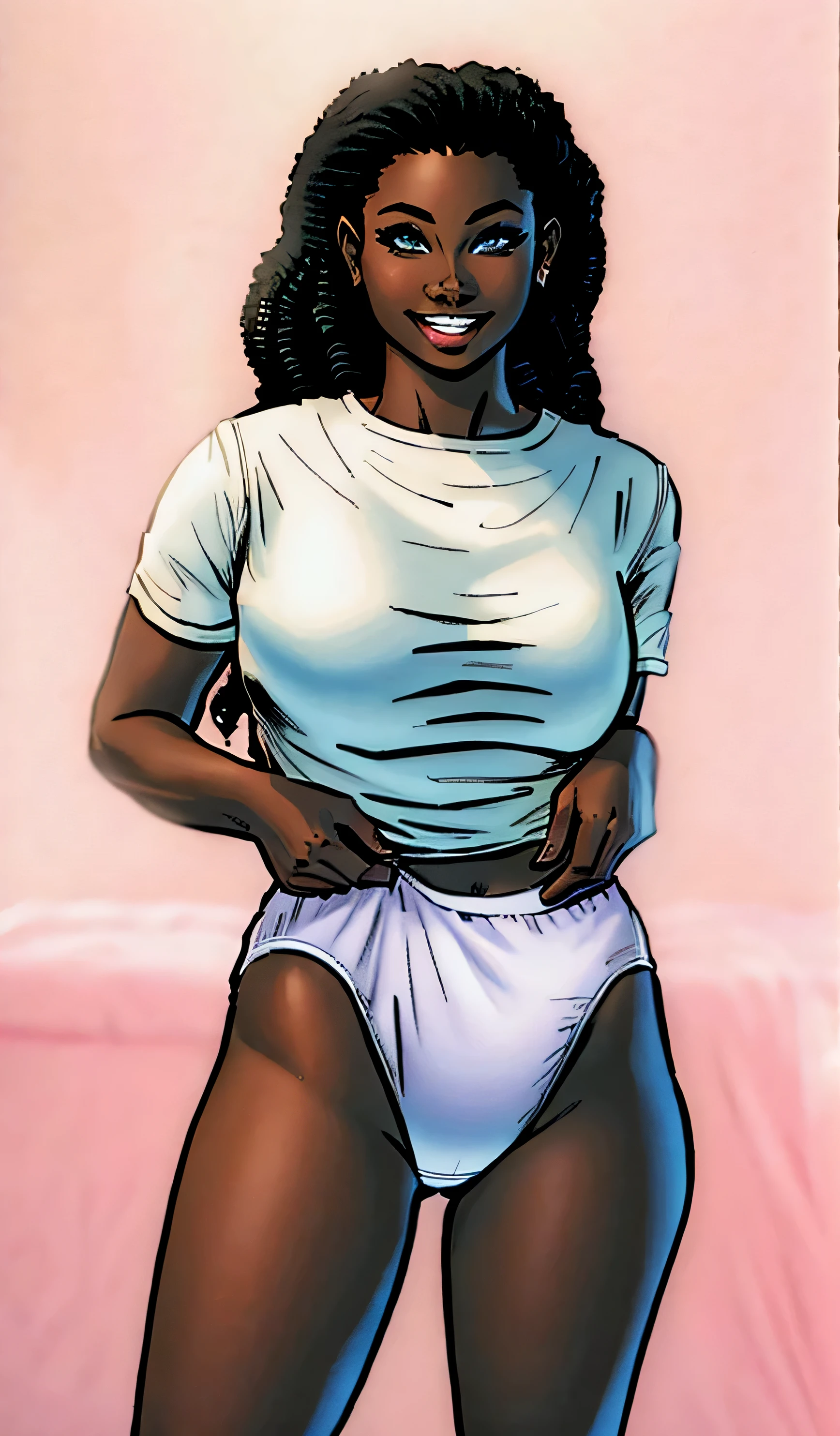 ((masterpiece, best quality)), ((24 year old)), (((Curvy))), ((Black woman with long black curly hair)), pulling up ((white cotton panties)), (white shirt), smiling, standing in her bedroom, (((comic book art style)))