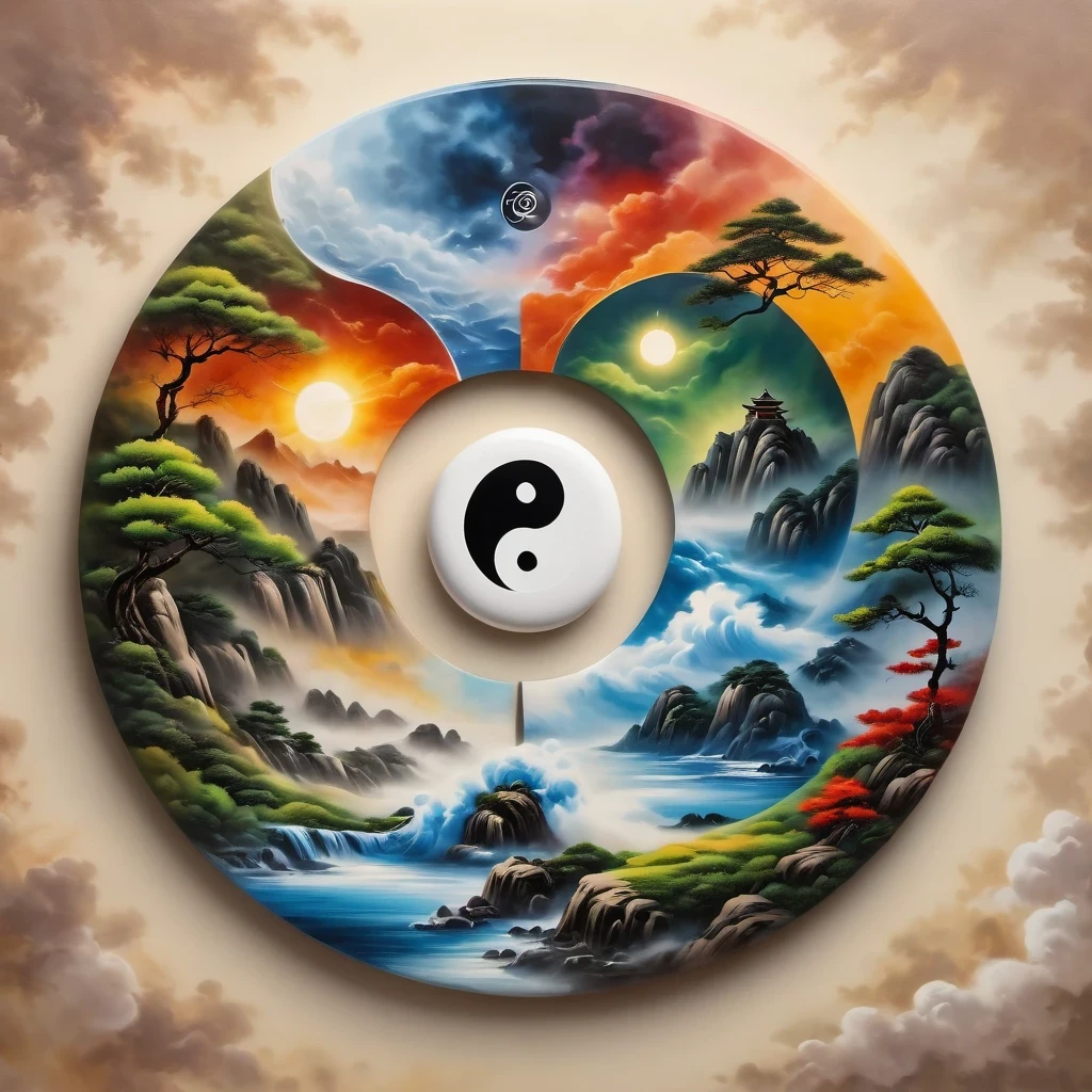 Acrylic painting style，Chinese Taoist Elements，Tai Chi，Tai Chi Yin Yang Bagua Diagram，magic circle，best quality,4K,8K,high resolution,masterpiece:1.2,Super detailed,actual,acrylic style,Tai Chi, yin yang, Gossip,3D rendering，Female Taoist practicing yoga，Light and shadow photography，
