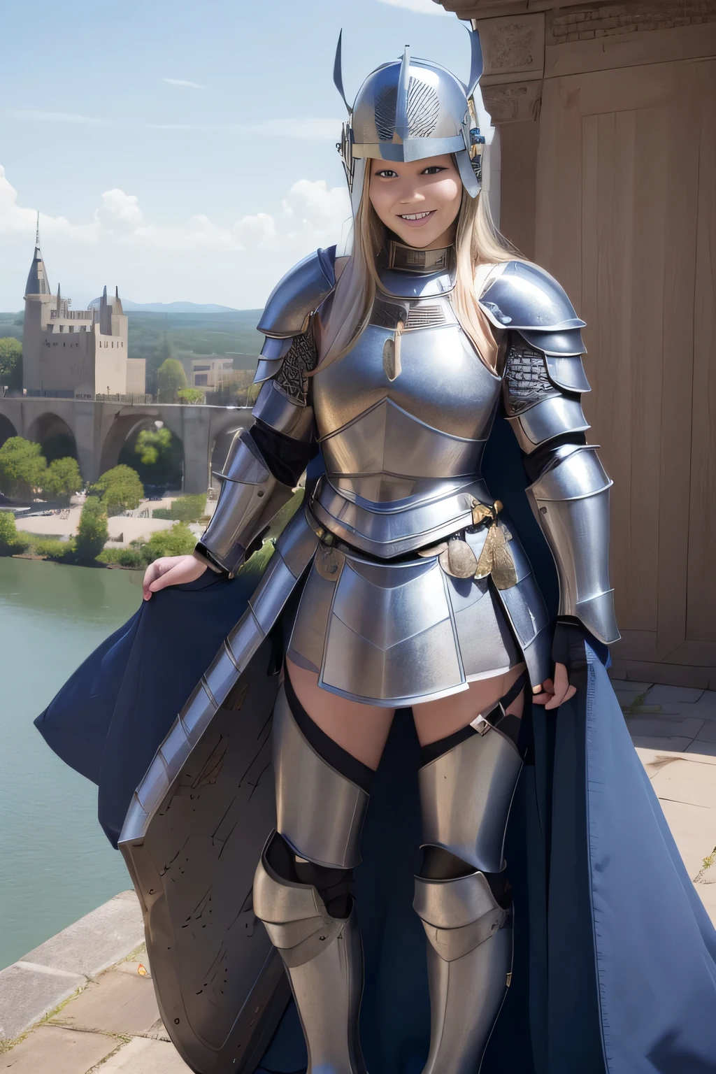 best quality、table top、超A high resolution、(realistic:1.4) 、infp young woman、(modeled:1.2)、small head、small face、blonde hair、long legs、(Decorated night helmet covering the ears:1.3)、(Ornately decorated full-body armor:1.3)、Tight waist armor、(Falls Armor:1.9)、(Metal Crotch Protector:1.4)、Foot armor、(blue cloak:1.3)、(full body:1.4)、without makeup、A big smile、(perfect body:1.7)、castle background、white woman、blue eyes、blonde
