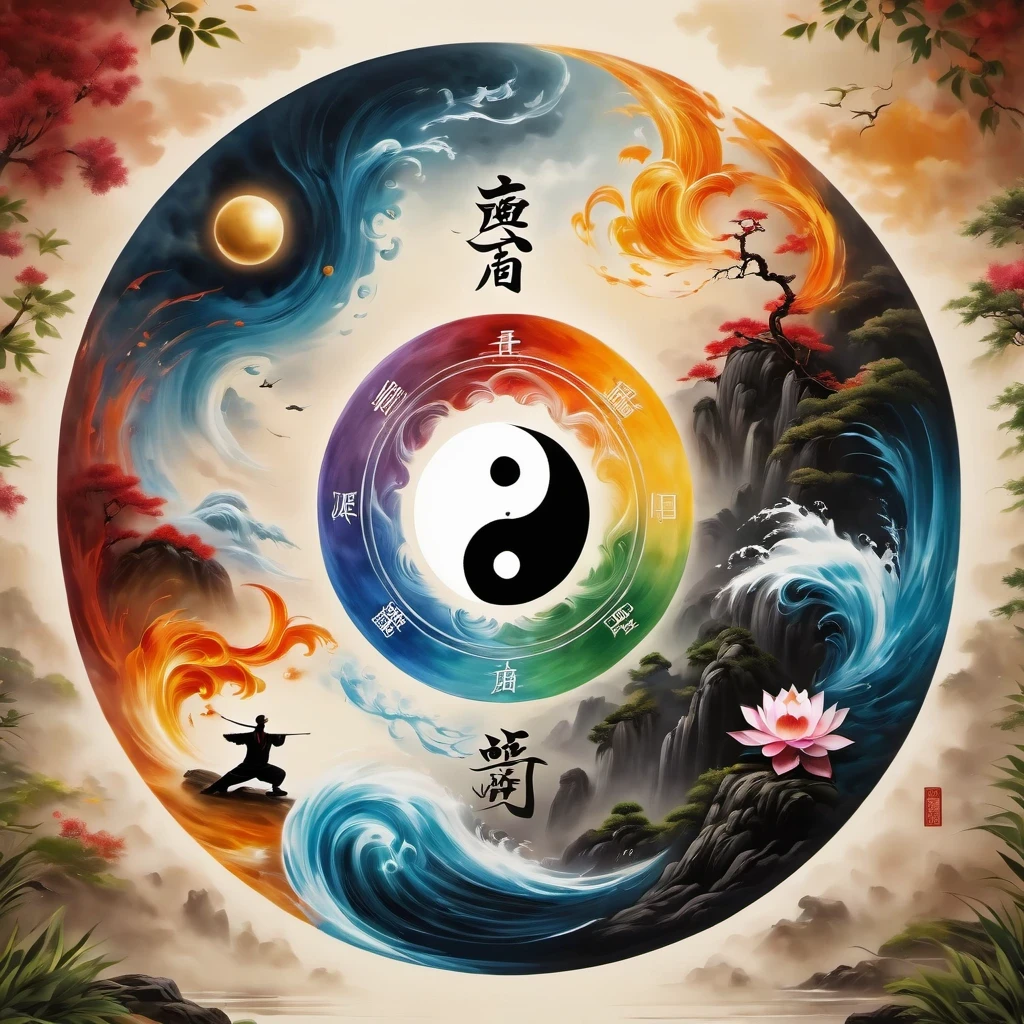 Acrylic painting style,Chinese Taoist Elements,Tai Chi,Tai Chi Yin Yang Bagua Diagram,magic circle,best quality,4K,8K,high resolution,masterpiece:1.2,Super detailed,actual,acrylic style,Tai Chi, yin yang, Gossip,3D rendering,Female Taoist practicing yoga,Light and shadow photography,