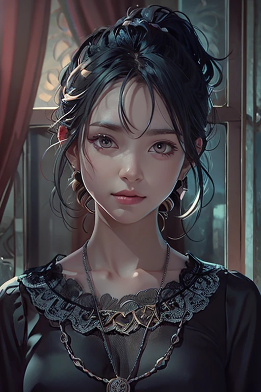 1girl, arms up, black choker, black shirt, blue hair, choker, chromatic aberration, closed mouth, collarbone, cross, cross necklace, grey background, hair between eyes, jewelry, long hair, looking at viewer, necklace, red eyes, shirt, short sleeves, solo, straight hair, t-shirt, upper body, masterpiece, best quality, realistic, highres, official art, extremely detailed cg unity 8k wallpaper