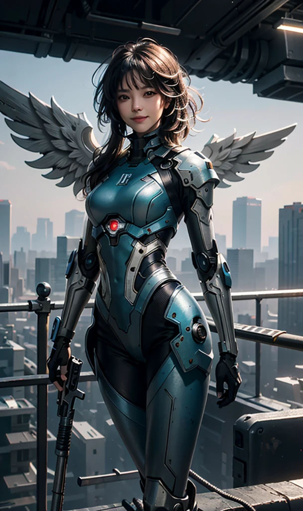 masterpiece,(bestquality),highlydetailed,ultra-detailed,1girl,(mechanicalwings:golden,glowingeyes:blue,silverarmor:1.2,elongatedears:0.8),(cyberpunkcity:1.5,weapon:energyblade),(fantasylandscape:1.2,natural lighting:1.5,confidentexpression),(panorama:1.2),mecha, smile,angle,Angels, wings,