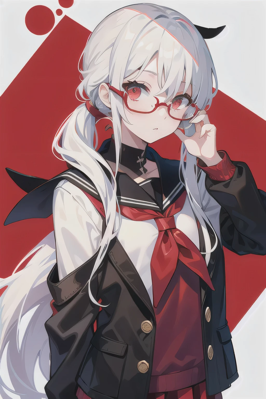 Long white hair with one ponytail，Red eyeiddle school girl，HD，square-framed glasses