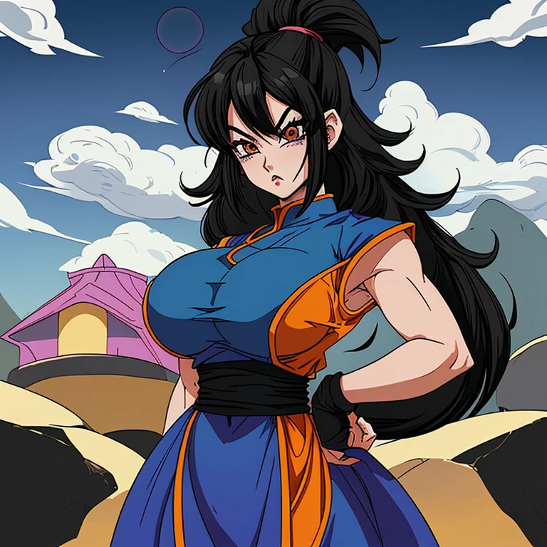 Women, (saiyan) with long black hair, curvy body, pink eyes, big breasts, with a long white Greek dress, meadow background at sunset.