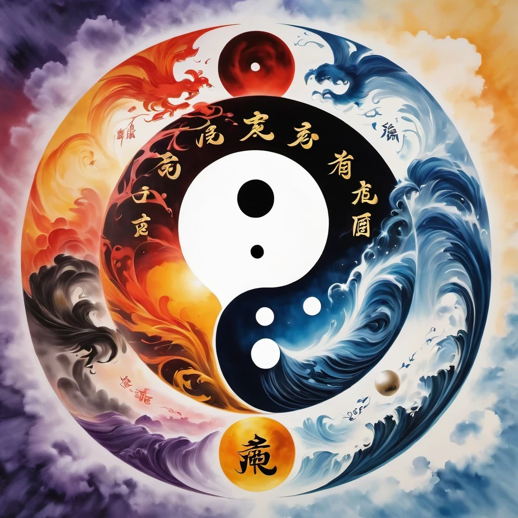 Acrylic painting style，Chinese Taoist Elements，Tai Chi，Tai Chi Yin Yang Bagua Diagram，magic circle，best quality,4K,8K,high resolution,masterpiece:1.2,Super detailed,actual,acrylic style,Tai Chi, yin yang, Gossip,3D rendering，Female Taoist practicing yoga，Light and shadow photography，
