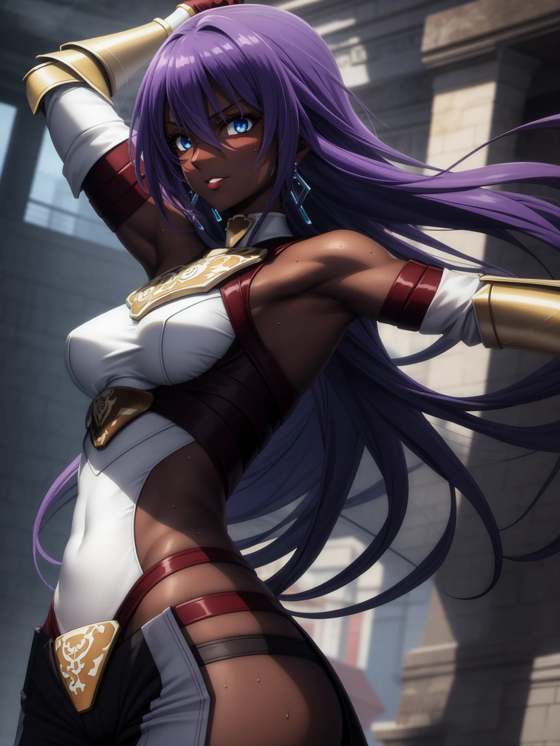 masterpiece, nsfw, perfect lighting, ultra_detailed,  ((1girl)), ((dark skin)), smug, jumping, muscular female, smug, ArthurPgon, 1girl, purple hair, long hair, bangs, hair between eyes, blue eyes, jewelry, earrings, lips, medium breasts, (armor), bare shoulders, red gloves, fingerless gloves, hip vent, clothing cutout, (pants), arms raised, armpits, armpit crease, armpit focus, spread armpit, armpit fetish, sweaty armpit, looking at viewer, detailed face, 