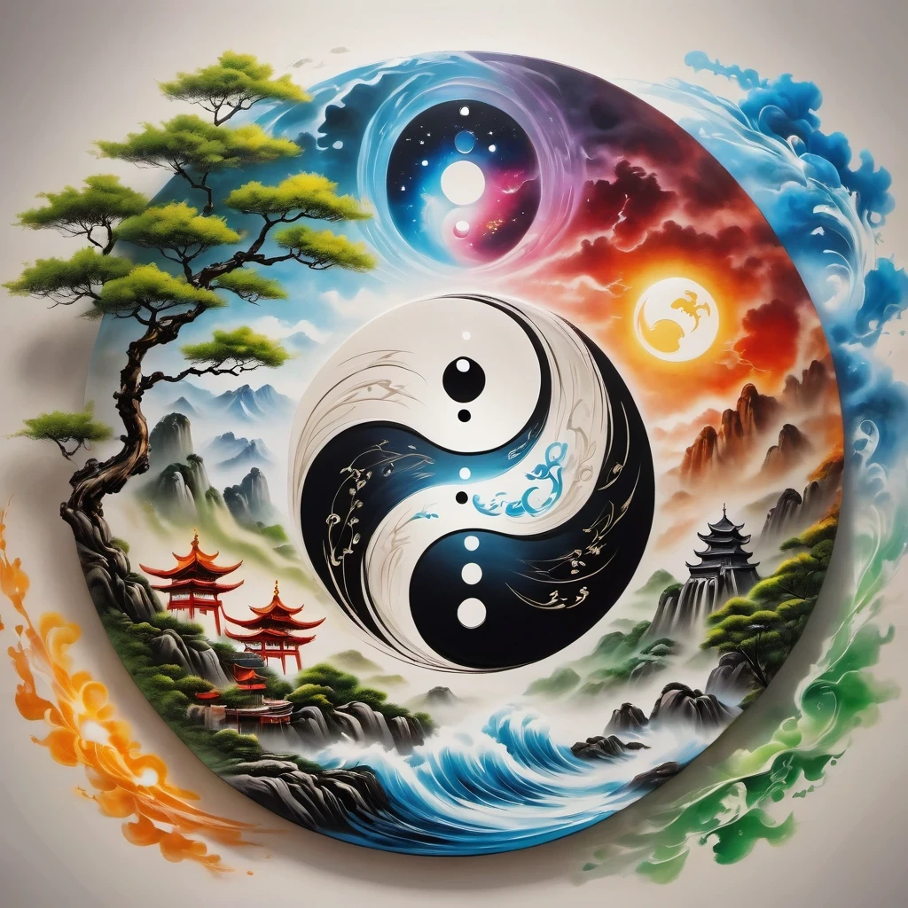 Acrylic painting style，Chinese Taoist Elements，Tai Chi，Tai Chi Yin Yang Bagua Diagram，magic circle，best quality,4K,8K,high resolution,masterpiece:1.2,Super detailed,actual,acrylic style,Tai Chi, yin yang, Gossip,3D rendering，Female Taoist practicing yoga，Light and shadow photography，
