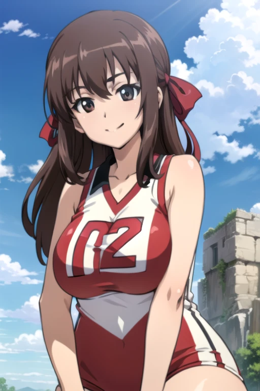 (anime cels style, best quality, high resolution, megami magazine, anime poster style, photorealistic), (beautiful eyes:1.2), kondou_taeko, 1girl, smile, medium hair, brown hair, brown eyes, (hair ribbon, red ribbon), huge breast, (volleyball uniform, sleeveless), cowboy shot, (perfect detailed anatomy, beautiful face, perfect body, perfect arms, shiny skin), sunshine, bluesky