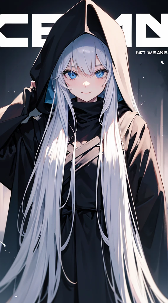 Cover magazine, anime. A young woman with long white hair and blue eyes. Wearing all black clothes. Wearing a long black robe and a hood covering her head. A mysterious impression. She was smiling brightly.
