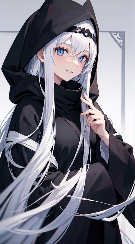 Cover magazine, anime. A young woman with long white hair and blue eyes. Wearing all black clothes. Wearing a long black robe and a hood covering her head. A mysterious impression. She was smiling brightly.