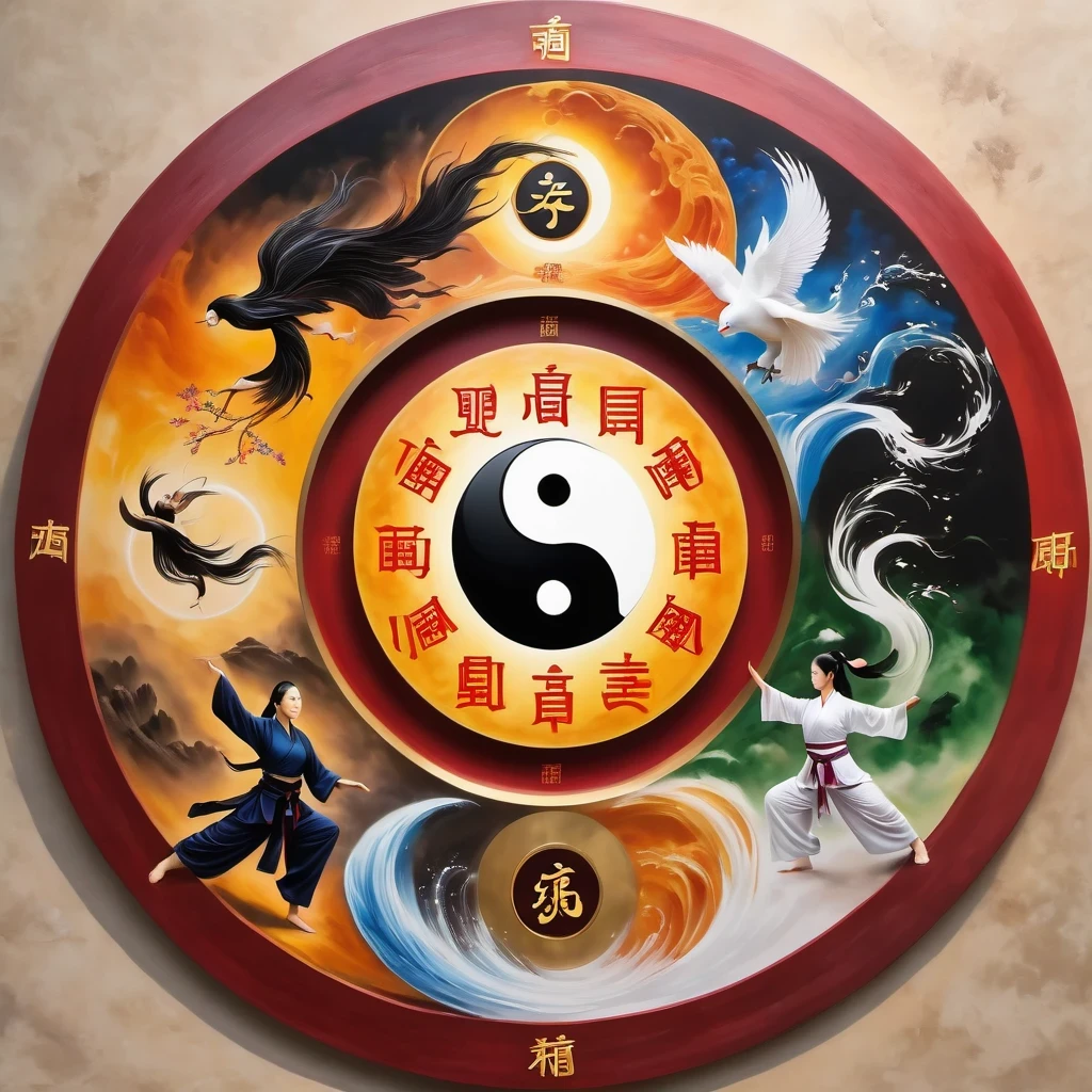 Acrylic painting style，Chinese Taoist Elements，Tai Chi，Tai Chi Yin Yang Bagua Diagram，magic circle，best quality,4K,8K,high resolution,masterpiece:1.2,Super detailed,actual,acrylic style,Tai Chi, yin yang, Gossip,3D rendering，Female Taoist practicing yoga，Light and shadow photography，
