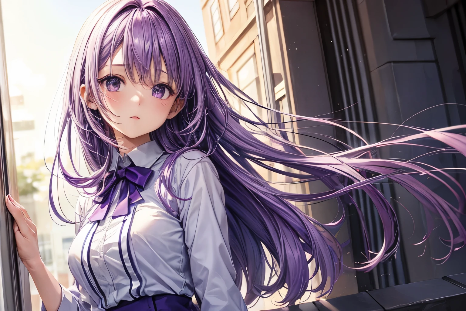Light Purple Uniform、Hair disheveled、background,All light purple、backgroundが明るい、