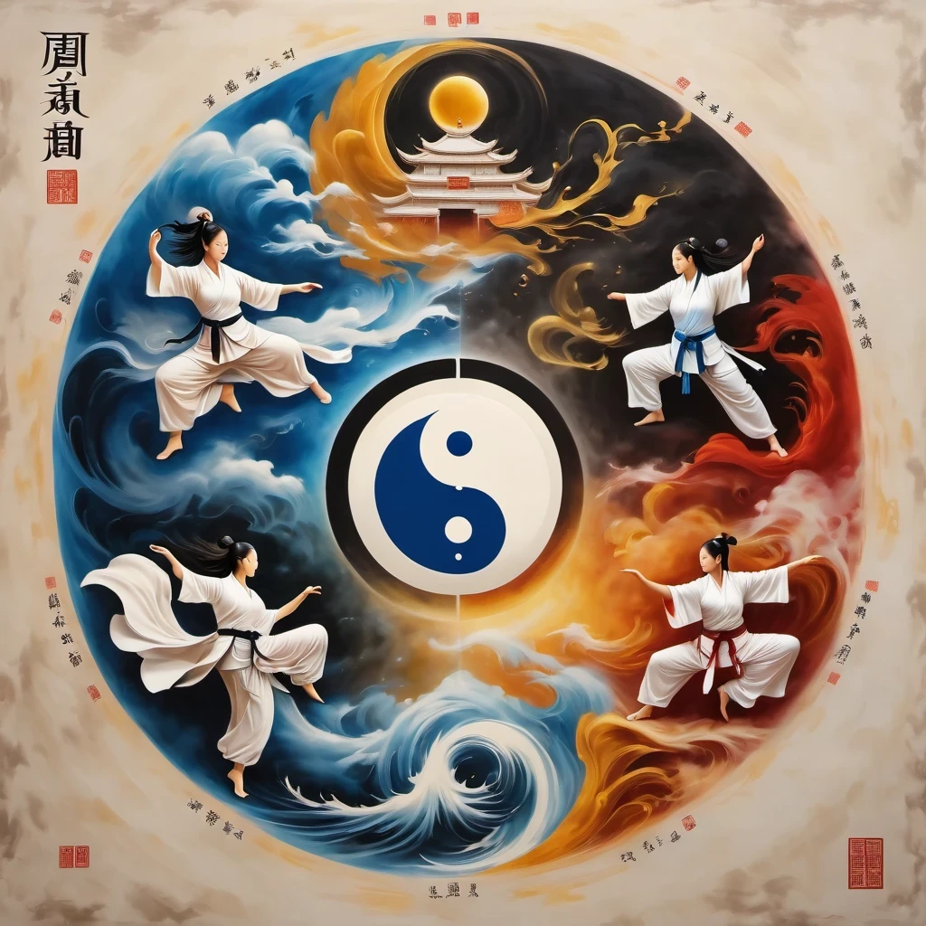 Acrylic painting style,Chinese Taoist Elements,Tai Chi,Tai Chi Yin Yang Bagua Diagram,magic circle,best quality,4K,8K,high resolution,masterpiece:1.2,Super detailed,actual,acrylic style,Tai Chi, yin yang, Gossip,3D rendering,Female Taoist practicing yoga,Light and shadow photography,